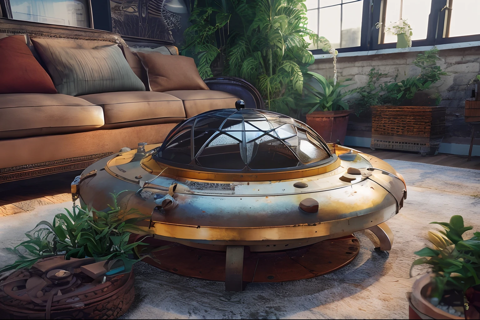 one organic steampunk mechanical scifi ufo sitting on the floor of modern over planted living room with carpet, modern interior, High quality photo, ultra high res, (photorealistic:1.4), cinema lighting, insanely detailed, hyper realistic, fine details, octane render