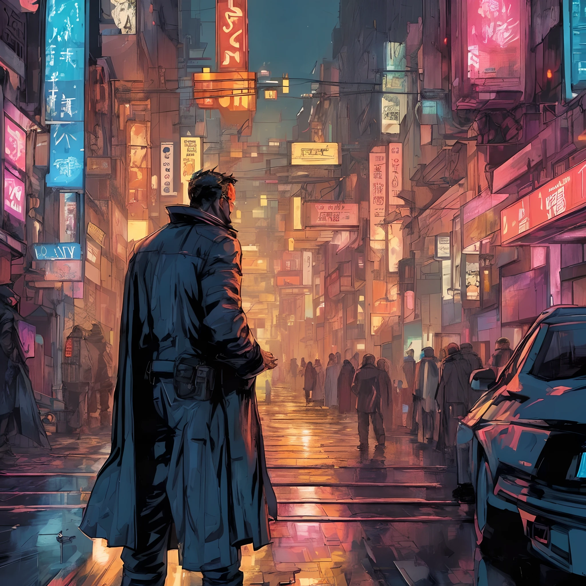 a man in a trench coat standing on a city street, cyberpunk comic cover art, cyberpunk blade runner art, cyberpunk street, china town blade runner, beaten city. neo noir style, cyberpunk themed art, cyberpunk city street, cyberpunk in a cyberpunk city, in cyberpunk city, cyberpunk alley, bladerunner street, in a cyberpunk city, bladerunner street alley