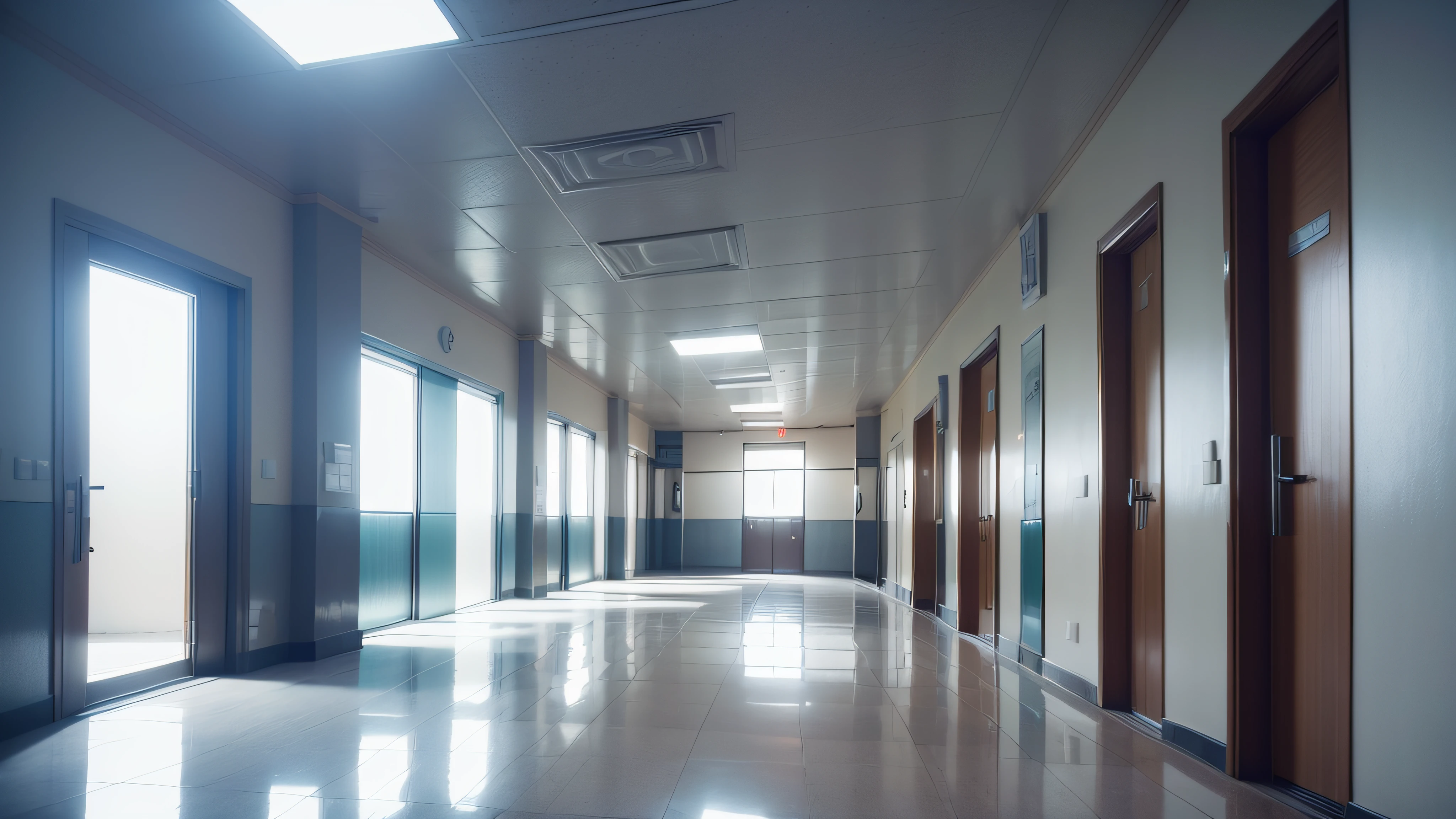 Extremamente detalhado, melhor qualidade, Indoor area of a hospital, corredor de um hospital, sombrio, medico entrando em uma sala ao longe, 8k, realista, a noite, medico de jaleco branco, ambiente sombrio
