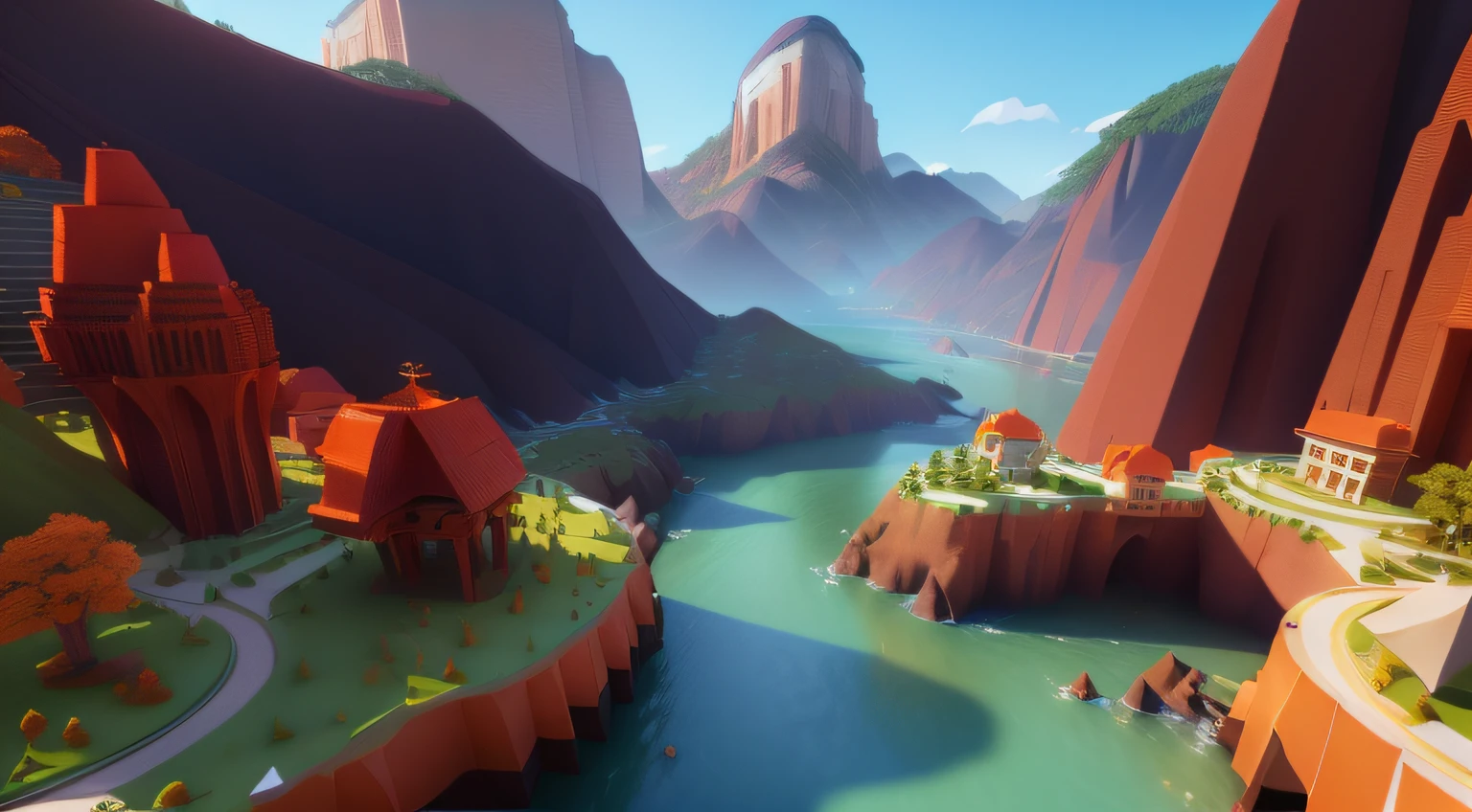 um close up de uma paisagem estilizada de um rio e montanhas, 3d rendering stylized, 3 d render stylized, stylized as a 3d rendering, arte lowpoly cor super detalhada, arte lowpoly de alta qualidade, paisagem lowpoly, arte conceitual estilizada, arte estilizada do jogo, low poly 3 d render, 3 d stylize scene