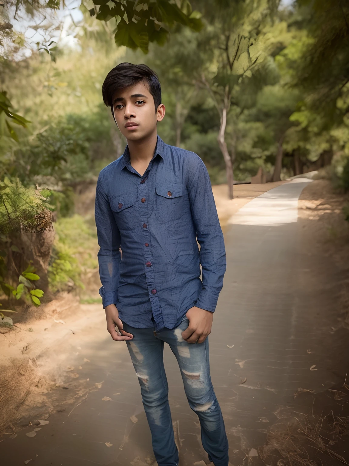 a young boy standing on a dirt road in a blue shirt, riyahd cassiem, ayan nag, profile picture 1024px, reyyan, very very low quality picture, khyzyl saleem, profile pic, young boy, boy, full body picture, screensaver, full body photogenic shot, ash thorp khyzyl saleem