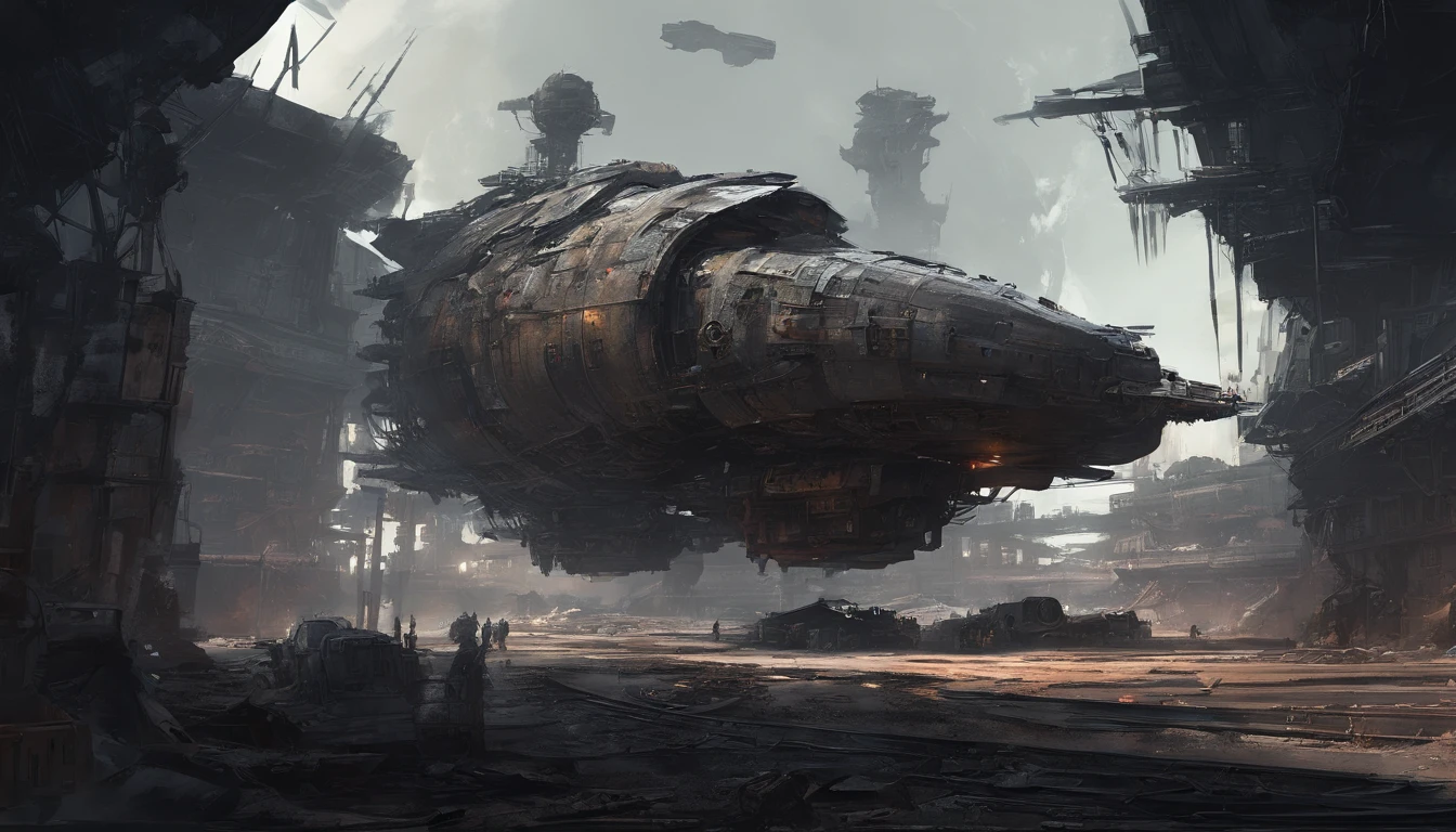 Post-apocalyptic wars, dark atmosphere, darkly, Dilapidated spaceship, Mechanical patches, Japanese styly, spaceship junkyard
