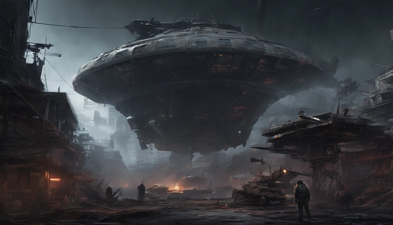 Post-apocalyptic wars, dark atmosphere, darkly, Dilapidated spaceship, Mechanical patches, Japanese styly, spaceship junkyard