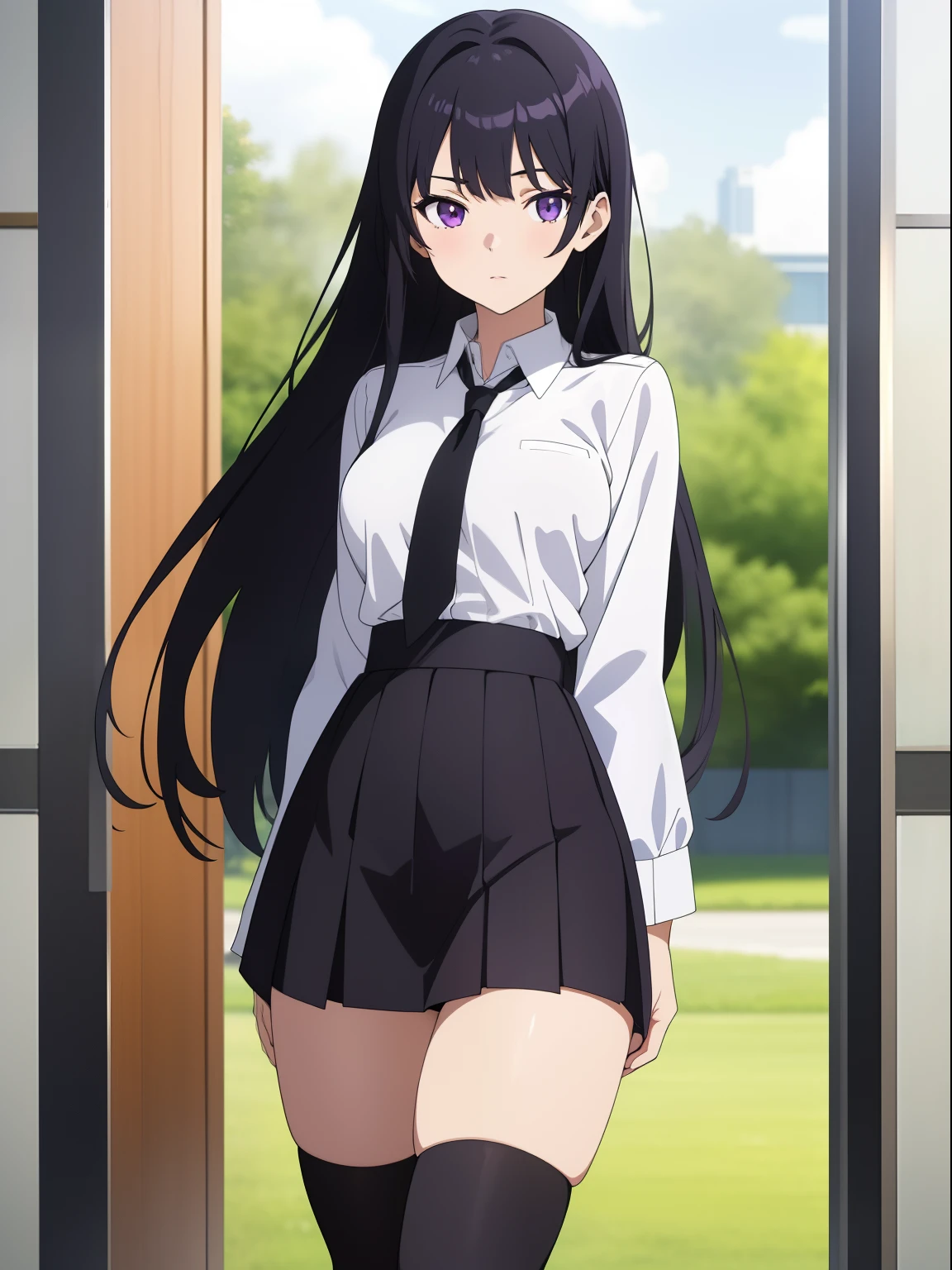 (masterpiece, best quality,) anime screencap, 1girl, 
black hair, medium-long hair, purple eyes, white sleeve school shirt, medium breasts, head turns to viewer, black skirt, thigh high socks