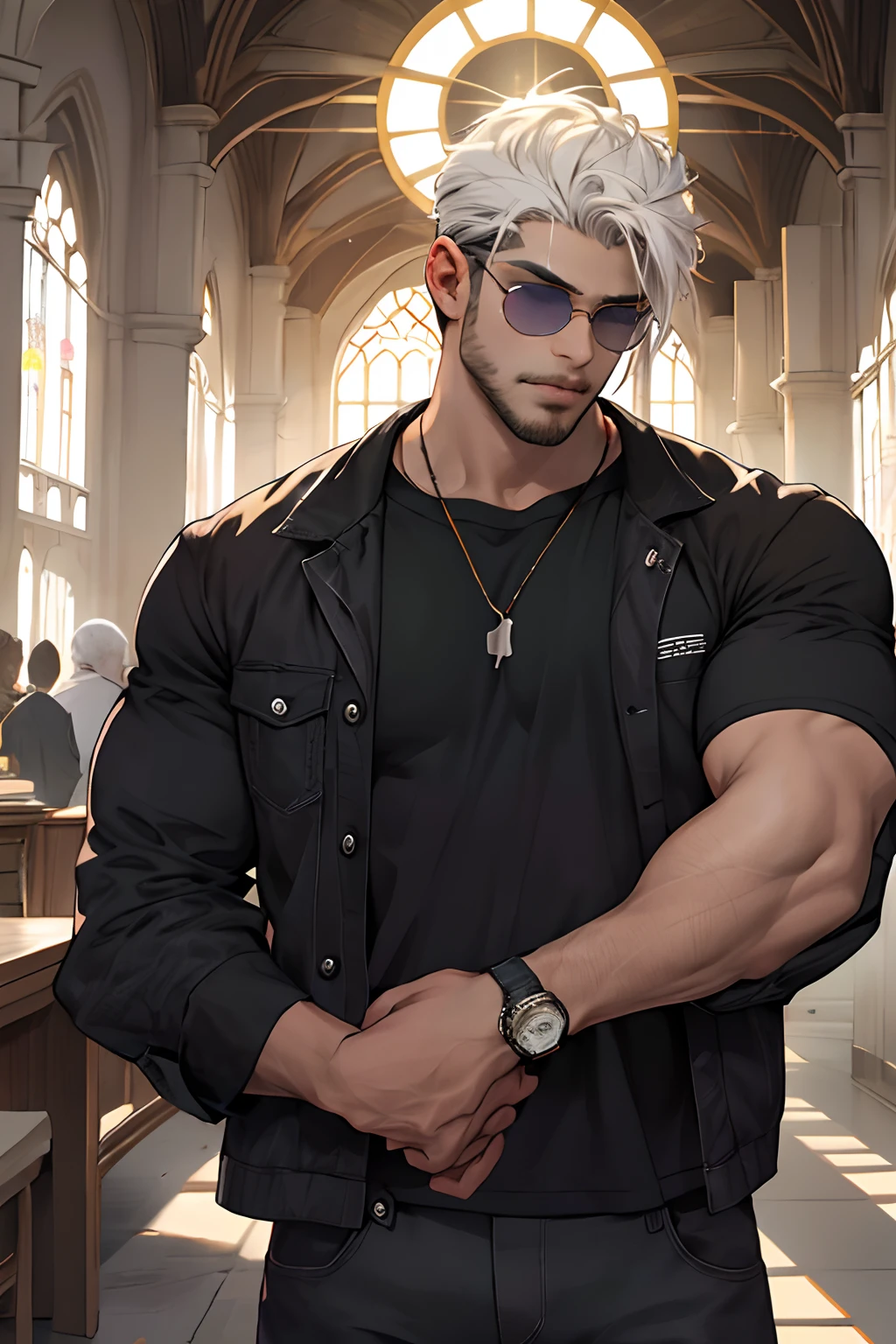 Realista,(A obra-prima,Qualidade Superior,melhor qulity,arte oficial),Muito detalhado,colorido,mais detalhado,DEUS,cabelos mais curtos,cabelos de cor preta,homem bonito,gargantilha,manga curta,periferia,sun glasses