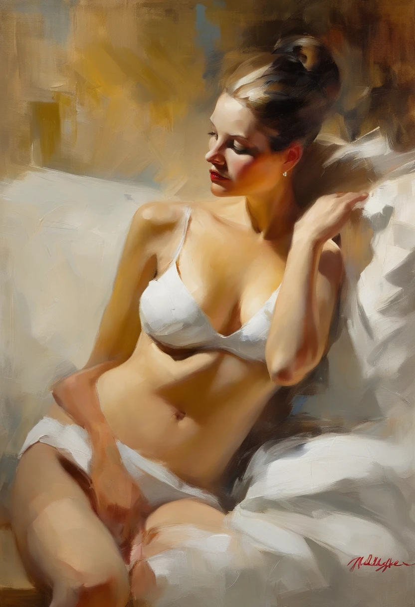 A painting of a sexy wife in white undies ((golden ratio}} laying on the sofa after a long ??? night on the town, a sensual painting, a Beautiful expressive painting,   malcolm liepke painting, glossy  painting, beautiful digital painting, digital art painting, Fine paintings, monochromatic. malcolm liepke oil painting, impressionist painting. art deco background