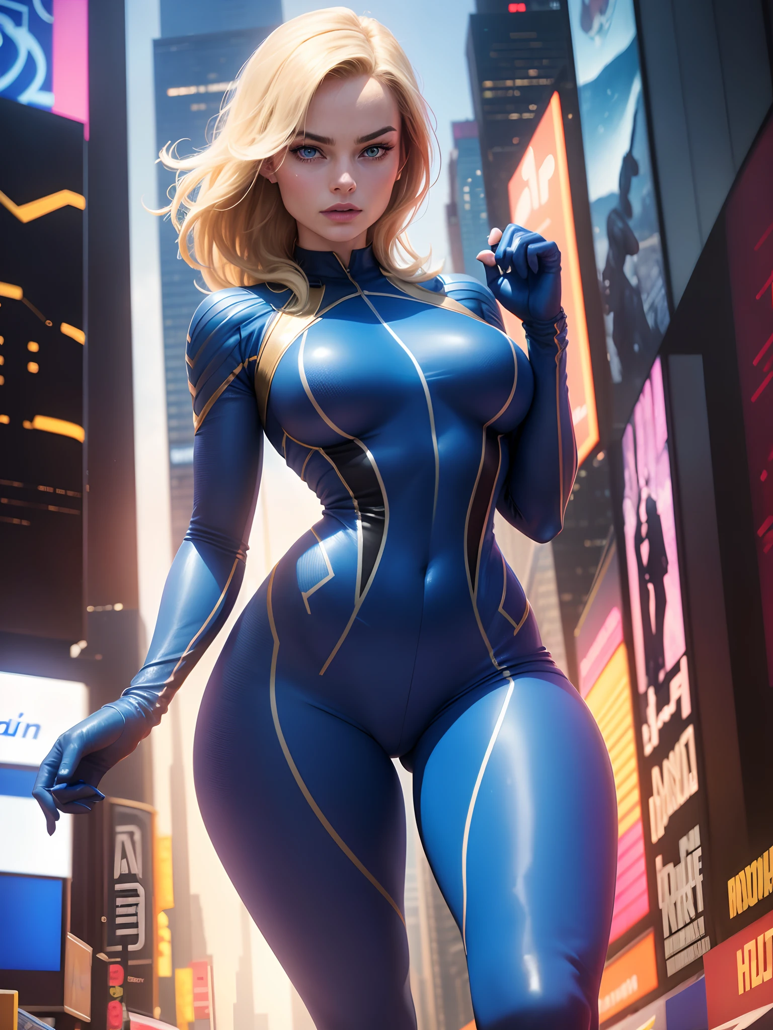 (New York: 1.3), (time square: 1.2), Margot Robbie in Fantastic Four costume, Fantastic Four costume, tight dark blue jumpsuit, full body, ((best quality)), ((Selected: 1.4)) super resolution, cinematic lighting, (New York: 1.3), ultra realistic, . .RAW, (realism: 1.5), (Realisitc: 1.4), (Absurdity: 1.4), 8k, ultra-detailed, detailed, (One only: 1.4), (Viewer: 1.3), HD4