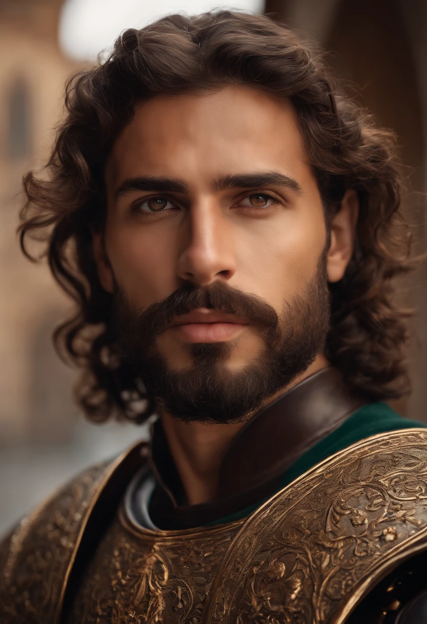 Italian man with beard, slight smirk, smirk, young, smile, curly hair, olive skin, tan skin, shoulder length hair, laminar leather armour, bright skies, brown hair, short beard, renaissance, renaissance armour, Venice, renaissance city, Italian city, Italy, scar, modelshoot style, (extremely detailed CG 8k wallpaper), most beautiful artwork in the world, portrait, trend at ArtStation, trend at CGSociety, Intricate, High Detail, Sharp Focus, Dramatic and Photorealistic Painting Art