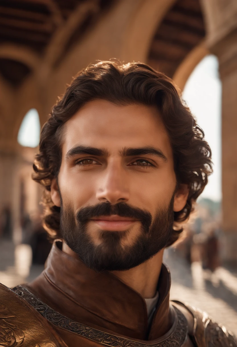Italian man with beard, slight smirk, smirk, young, smile, curly hair, olive skin, tan skin, shoulder length hair, laminar leather armour, bright skies, brown hair, short beard, renaissance, renaissance armour, Venice, renaissance city, Italian city, Italy, scar, modelshoot style, (extremely detailed CG 8k wallpaper), most beautiful artwork in the world, portrait, trend at ArtStation, trend at CGSociety, Intricate, High Detail, Sharp Focus, Dramatic and Photorealistic Painting Art