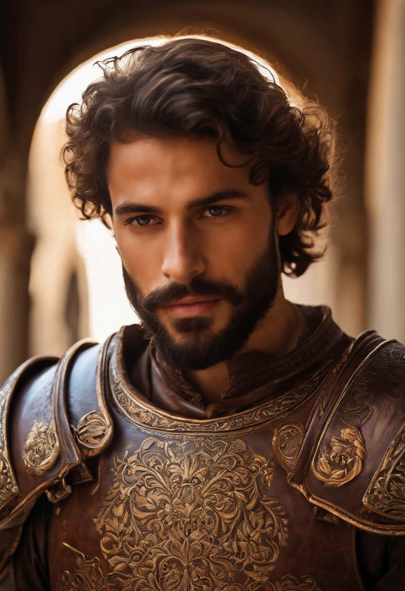 Italian man with beard, slight smirk, smirk, young, smile, curly hair, olive skin, tan skin, shoulder length hair, laminar leather armour, bright skies, brown hair, short beard, renaissance, renaissance armour, Venice, renaissance city, Italian city, Italy, scar, modelshoot style, (extremely detailed CG 8k wallpaper), most beautiful artwork in the world, portrait, trend at ArtStation, trend at CGSociety, Intricate, High Detail, Sharp Focus, Dramatic and Photorealistic Painting Art