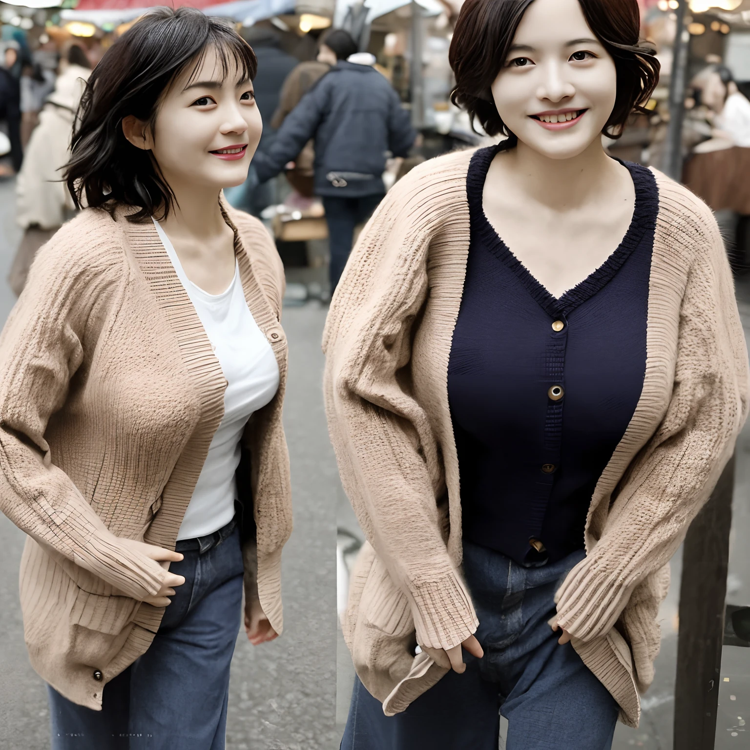 early morning walk1.1、sleepy face、Female in her 30s1.2、put on a cardigan、huge breasts、Photorealsitic、Beautie、Morningmarket、Full Body Focus 1.2、knit shirt、Smile