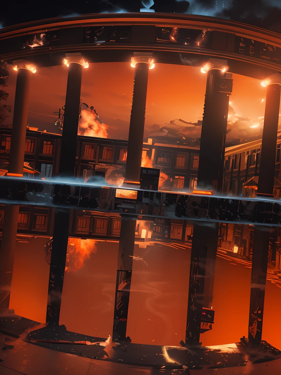 Movie effects,4k realistic,smoke in background,real image,low orange lights on walls and windows, bullets shown,light red light in sky