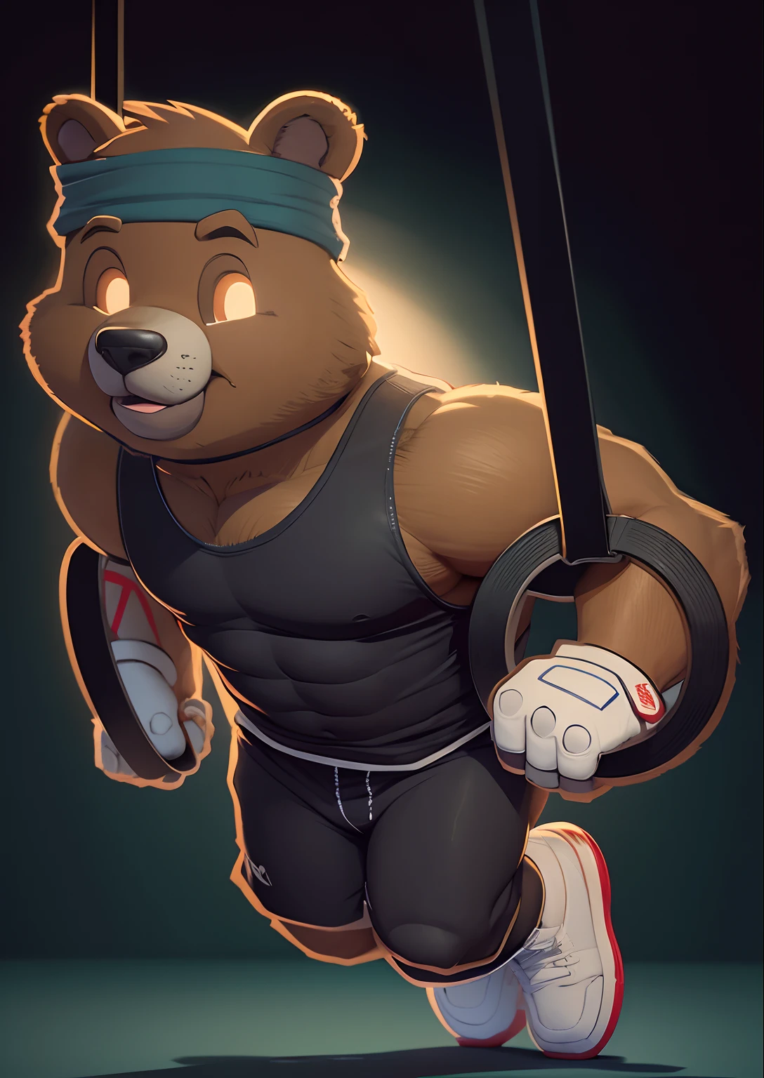 urso de desenho animado fazendo exercicios wod com ring row crossfit, regata drapeada, rings de madeira, luvas azuis, peludo