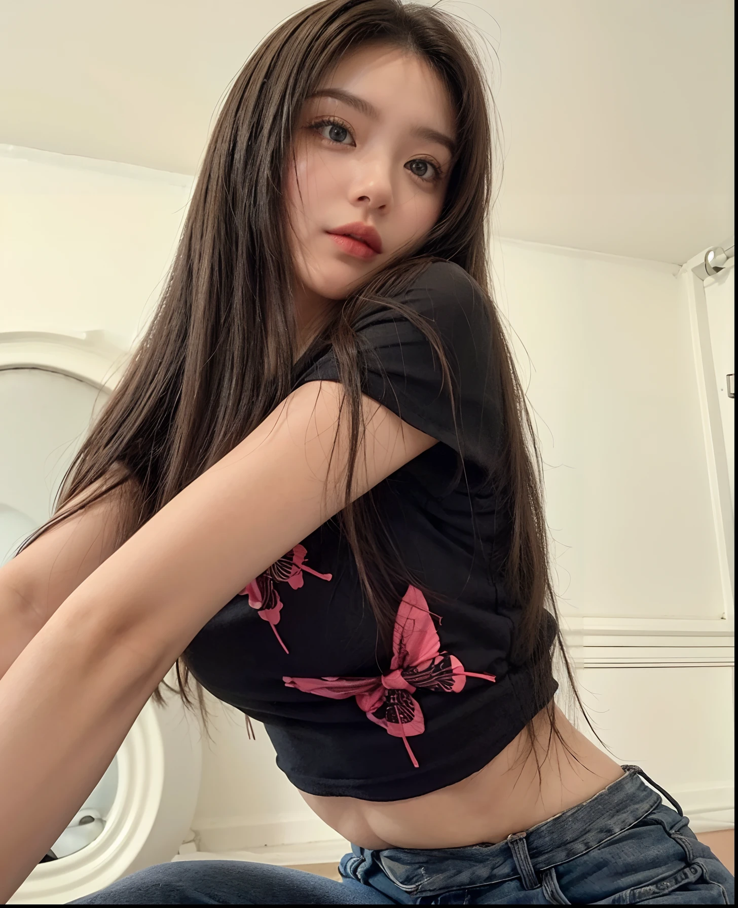 Beautiful girl , sexy slim fit body, long straight black hair , crop top, gorgeous eyes , pink lips , blushed cheeks ,