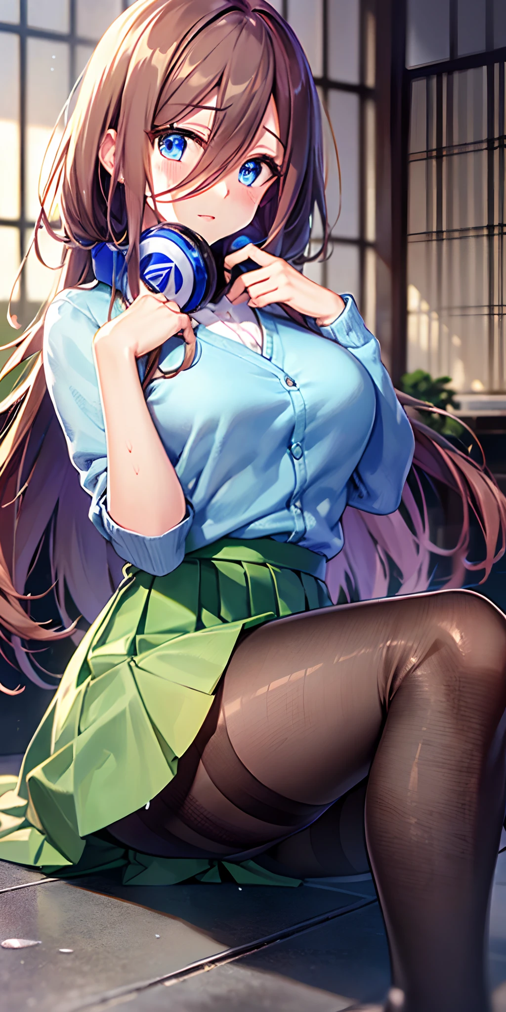 masutepiece, Best Quality, (Very detailed CG Unity 8K wallpaper) (Best Quality), (Best Illustration), (Best Shadows), Miku Nakano, Brown hair, Blue eyes,Beautiful detailed eyes, looking at viewer,((Blue Cardigan)),((Short green pleated skirt)),((Black pantyhose)),orgasm in heat,pigeon toed,my clothes are very wet, school poolside,Hold the skirt up with your hands,