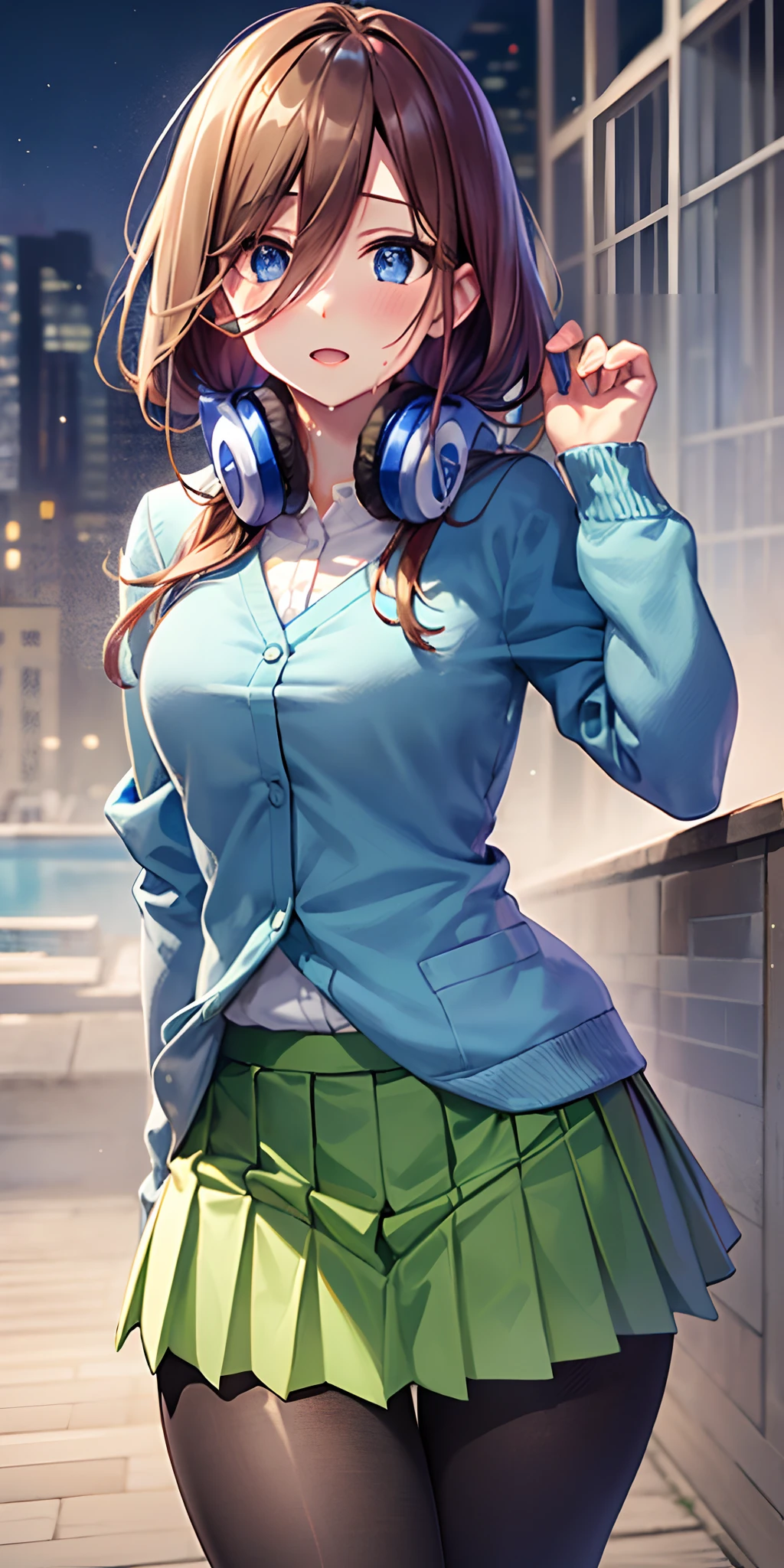 masutepiece, Best Quality, (Very detailed CG Unity 8K wallpaper) (Best Quality), (Best Illustration), (Best Shadows), Miku Nakano, Brown hair, Blue eyes,Beautiful detailed eyes, looking at viewer,((Blue Cardigan)),((Short green pleated skirt)),((Black pantyhose)),orgasm in heat,my clothes are very wet, school poolside, skirt lift by myself