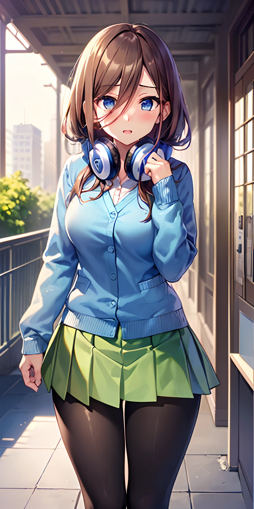 masutepiece, Best Quality, (Very detailed CG Unity 8K wallpaper) (Best Quality), (Best Illustration), (Best Shadows), Miku Nakano, Brown hair, Blue eyes,Beautiful detailed eyes, looking at viewer,((Blue Cardigan)),((Short green pleated skirt)),((Black pantyhose)),orgasm in heat,my clothes are very wet, school poolside, curtsey