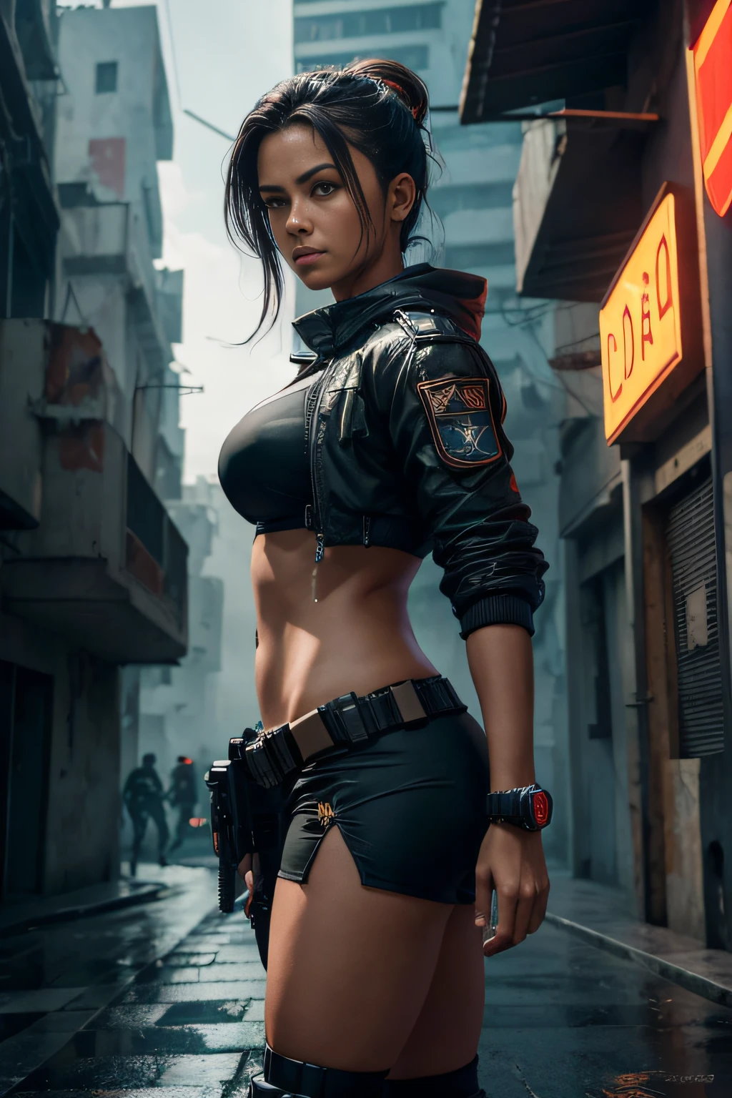 uma mulher, 30 anos, guerreira , Mundo futurista , personagem de jogo , decote, corpo muito musculoso, Aptitude, HDR , (detalhes insanos, hiper realismo: 1.2), (detalhe de pele insana), corpo inteiro, Tactical Short Jacket & Small Tactical Shorts , (pele foto realista: 1.4), cinematic lighthing, (Rim lighting: 1.3 ), color grading, focado, Cyberpunk fundo , cidade em guerra , (alto detalhe da pele: 1.2), Casais, pele suada, Fujifilm XT3, color correction, tudo muito detalhado , no watermark , Unique Image Creation , Fundo cidade cyberpunk em guerra , 8k