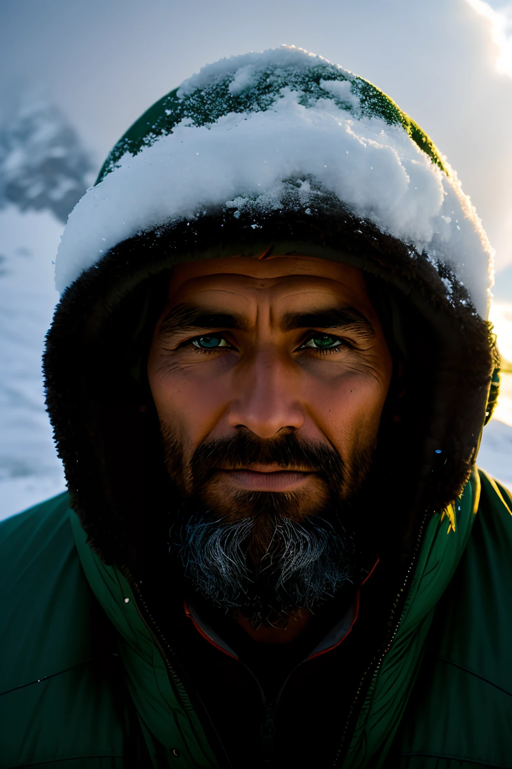 otrait photo, close up shot of A Mountaineer in Himalaya, heavy snow, winter time, good rays through thick clouds, green and black, bad weather, sunrise, style raw