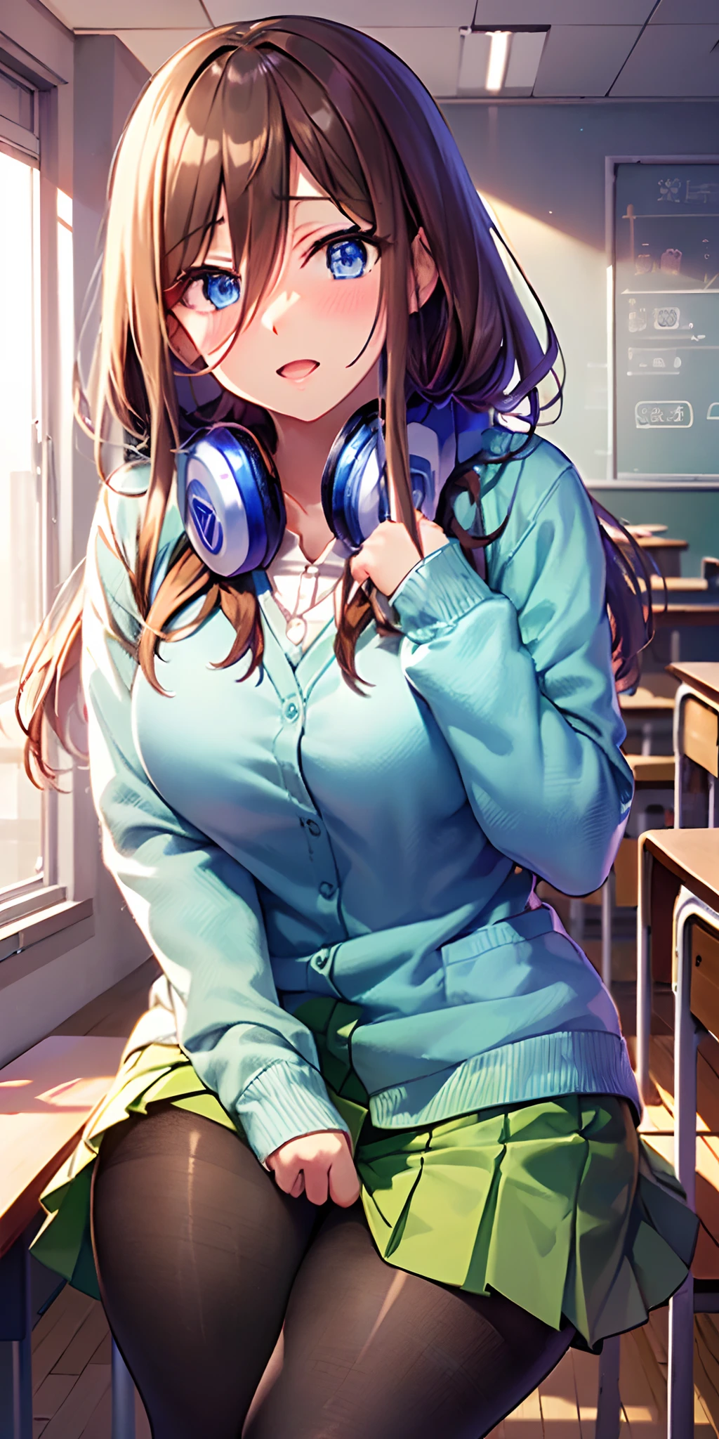 masutepiece, Best Quality, (Very detailed CG Unity 8K wallpaper) (Best Quality), (Best Illustration), (Best Shadows), Miku Nakano, Brown hair, Blue eyes, classroom, Beautiful detailed eyes, looking at viewer,((Blue Cardigan)),((Short green pleated skirt)),((Black pantyhose)),orgasm in heat,pigeon toed