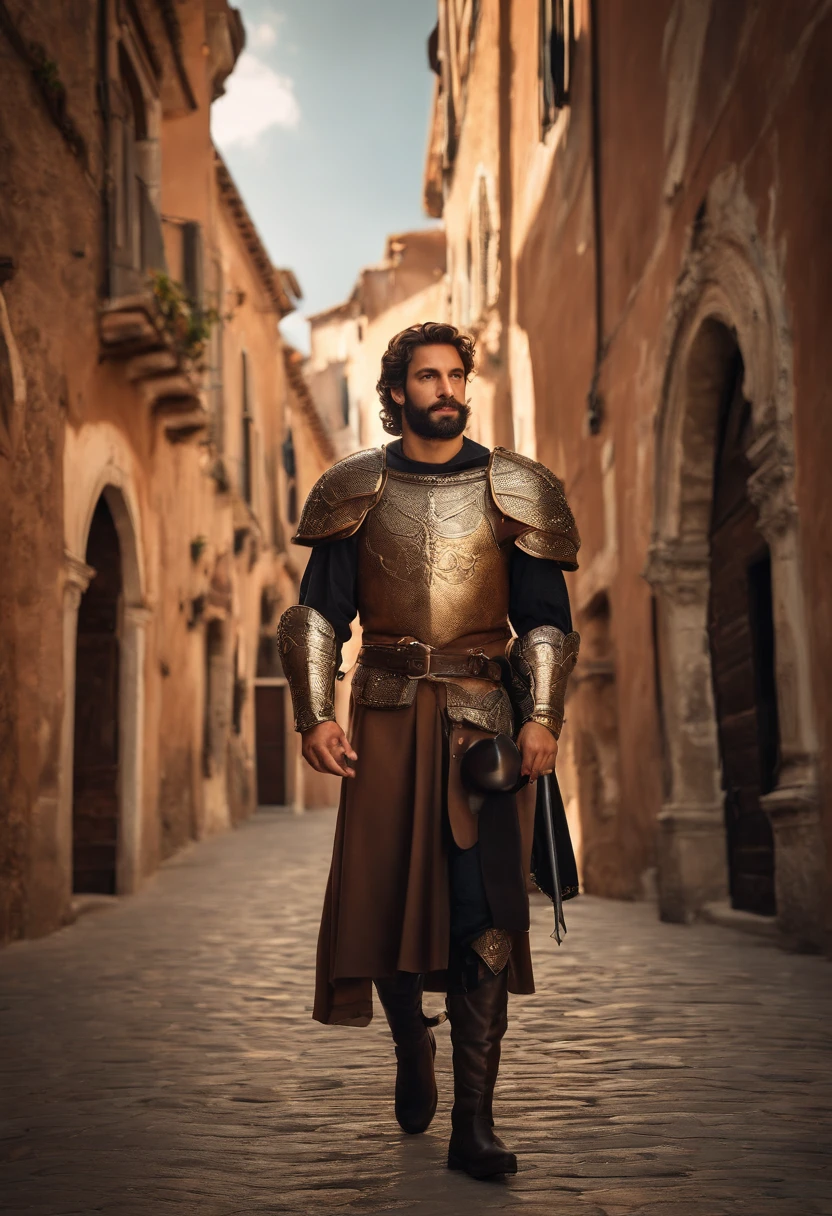 Italian man with beard, slight smirk, smirk, young, smile, curly hair, olive skin, tan skin, shoulder length hair, laminar leather armour, bright skies, brown hair, short beard, renaissance, renaissance armour, Venice, renaissance city, Italian city, Italy, scar, modelshoot style, (extremely detailed CG 8k wallpaper), masterpiece, most beautiful artwork in the world, portrait, trend at ArtStation, trend at CGSociety, oil painting, Intricate, High Detail, Sharp Focus, Dramatic and Photorealistic Painting Art