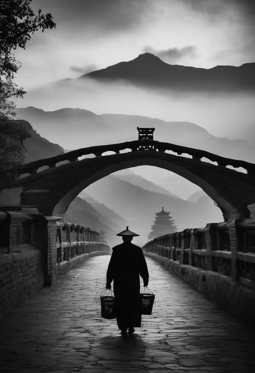 An old man carries a basket，morning glory，Walk on the stone bridge，The background is the mountain，There is water under the bridge，The clouds are ethereal，siluette，Traditional Chinese painting，Black and white gray，