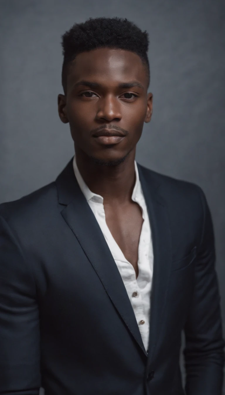 jeune homme noir africain, wearing modern clothes of singer of the good drip, Very realistic abstract studio photo background, fantaisique, Shot with a professional camera with moderate depth of field, corps complet