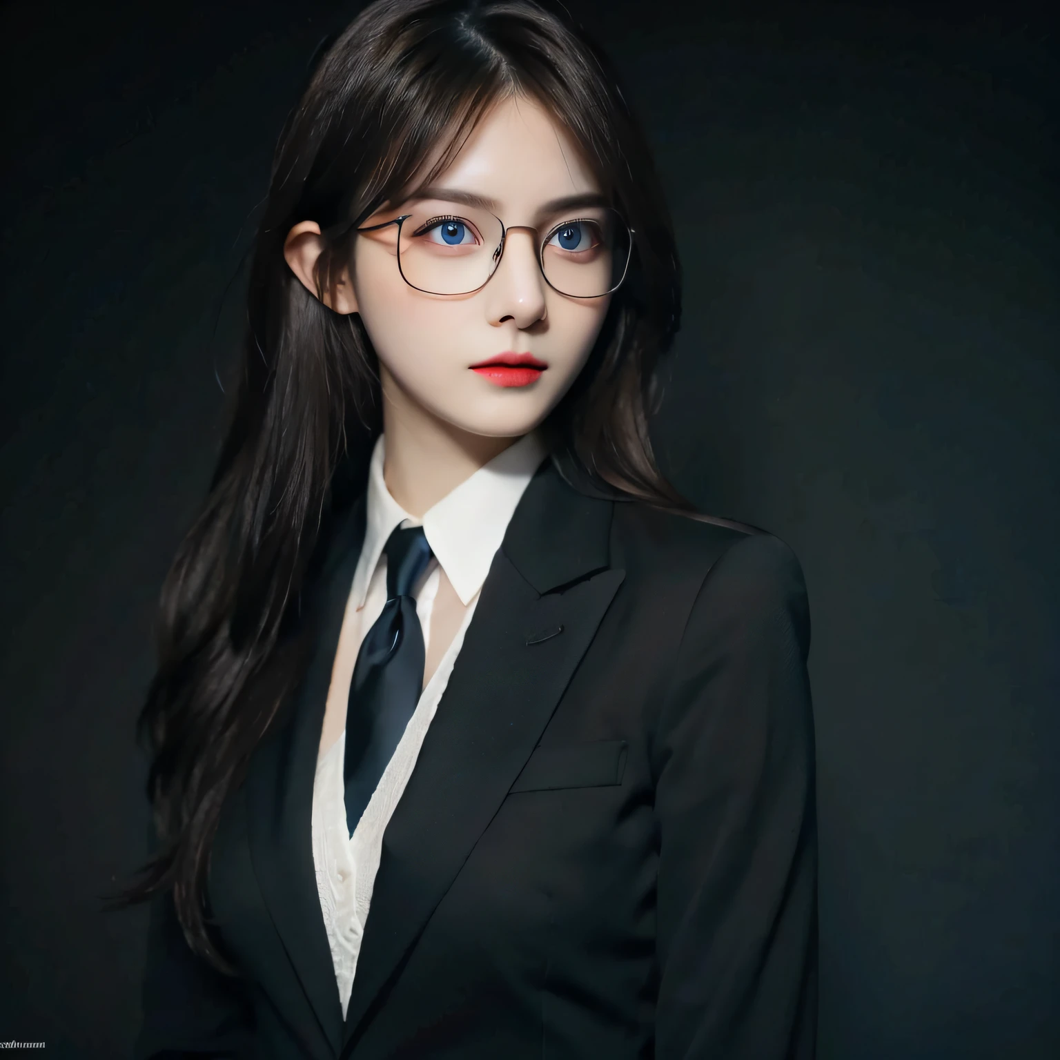 long hair, glasses, black blazer, blue eyes, dark background