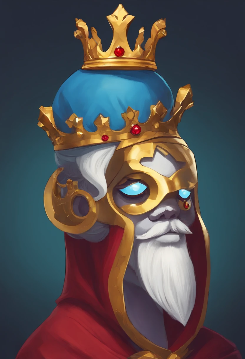 Simon character from adventure time, with a crown of gold and ruby, traje de una sola pieza de color azul, Psychopathic look