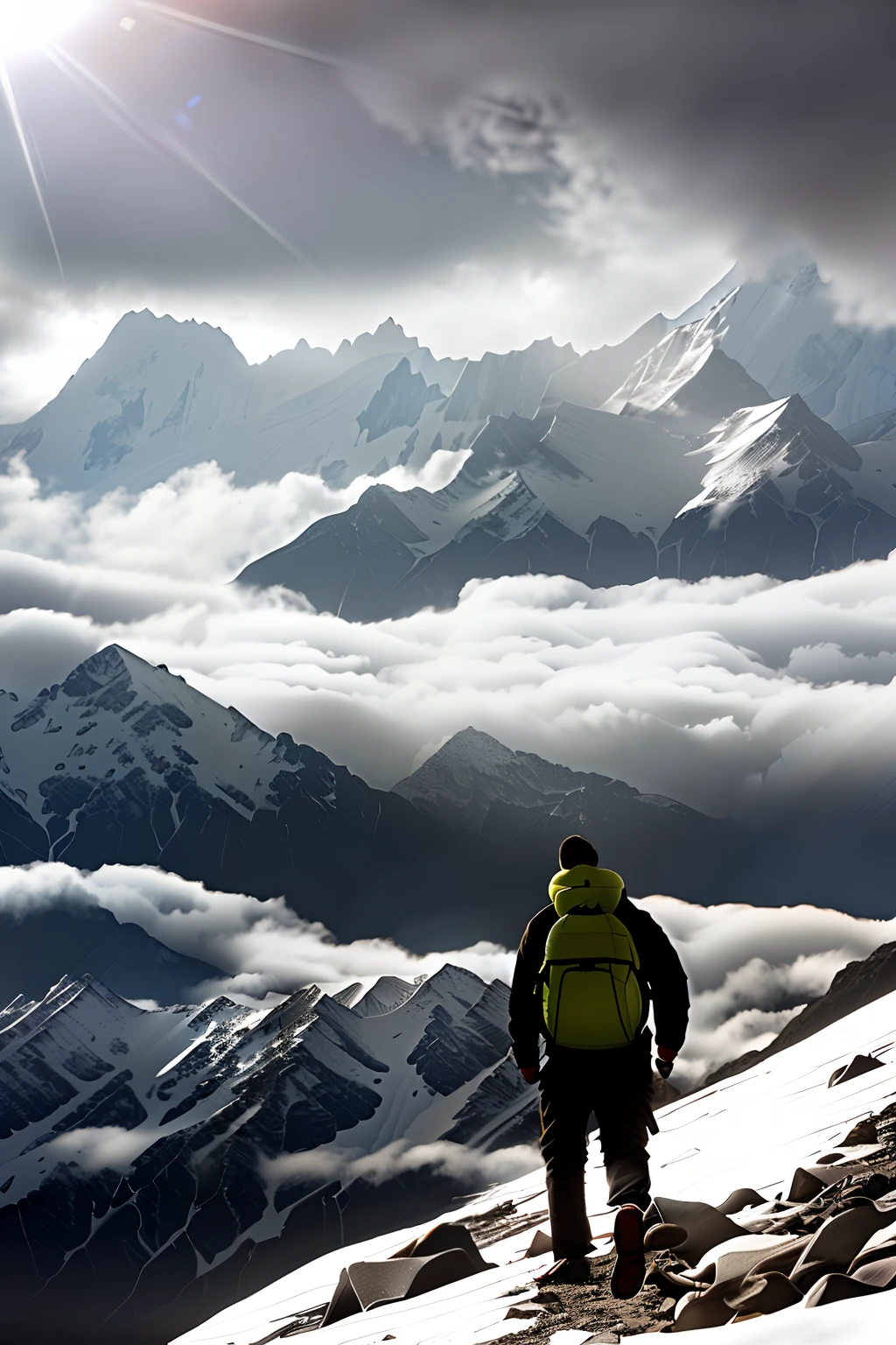 Potrait photo, close up shot of A Mountaineer in Himalaya, heavy snow, winter time, good rays through thick clouds, green and black, bad weather, sunrise, style raw