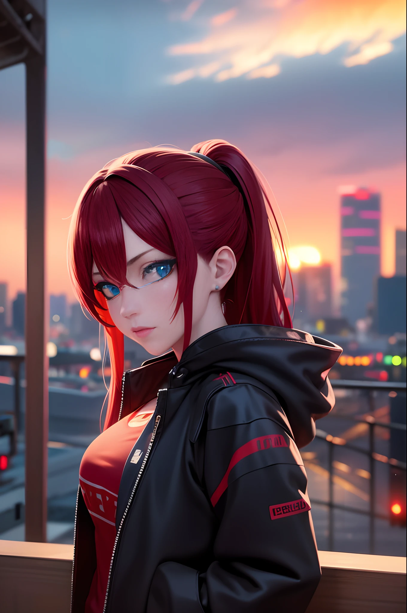 girl, blue eyes, she is looking at the sunset, her hair is long and red, she wears a cyberpunk jacket, Cloudy skies, Neon lights, Vibrant city streets, Unreal engine, 8K, Ultra detailed, High quality, Futuristic, Cyberpunk, Aesthetic, Photography, Dynamic lighting, Film photography, Ultra-realism, Hyperrealism, Romantic, Tranquil, Stormy