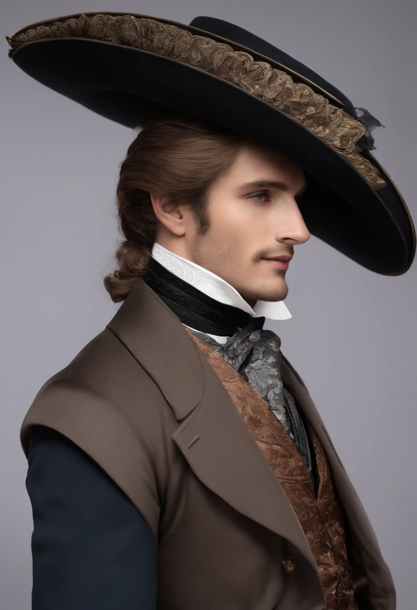 Handsome noble man in Victorian style、Victorian fashion is characterized by dressy and elegant design。Ruffles and laces、2. **hairstyle on**: Men's hairstyles in the Victorian era are often short and neat with longer hair tied up in a pony tale。3. **Features**: Man's facial features with elegant features、Handsome、vulpine、5. **accessorized**: Accessories played an important role in the Victorian era。Hats、choker necklace、gloves、umbrellas, etc.、By drawing accessories with attention to detail、Sly, welcoming, smiling, vulpine grin, friendly. Clothes Dublet, Mockingbird on dublet, blue and black. rapier at waste. no armour.
