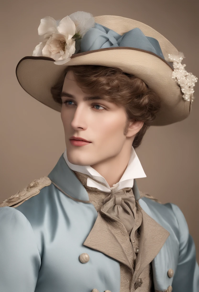 Handsome noble man in Victorian style、Victorian fashion is characterized by dressy and elegant design。Ruffles and laces、2. **hairstyle on**: Men's hairstyles in the Victorian era are often short and neat with longer hair tied up in a pony tale。3. **Features**: Man's facial features with elegant features、Handsome、vulpine、5. **accessorized**: Accessories played an important role in the Victorian era。Hats、choker necklace、gloves、umbrellas, etc.、By drawing accessories with attention to detail、Sly, welcoming, smiling, vulpine grin, friendly. Clothes Dublet, Mockingbird on dublet, blue and black. rapier at waste. no armour.
