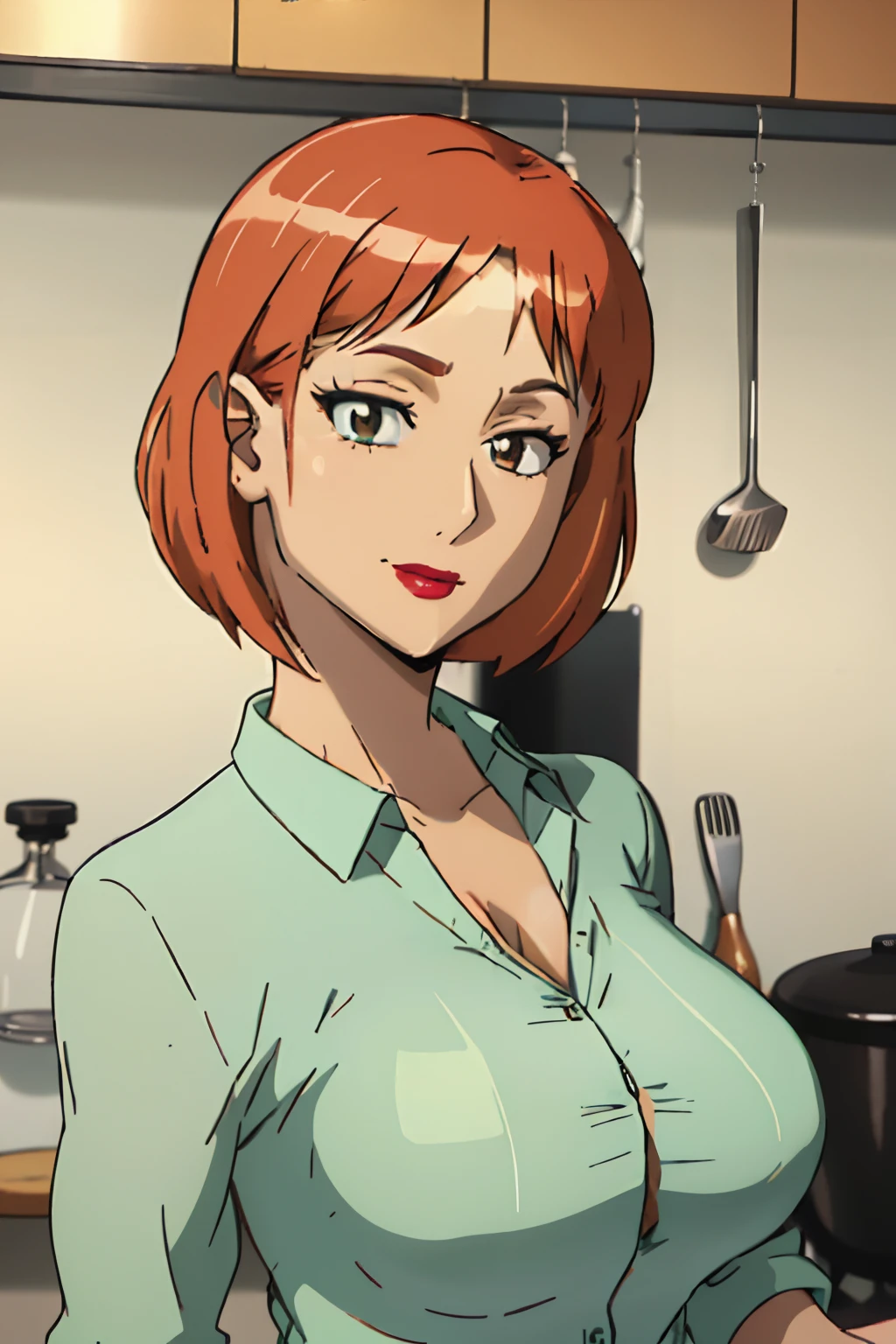 8k portrait of lois griffin, milf, soft smile , best quality, looking at viewer, dynamic pose,, looking at the viewer, piercing eyes, cleavage, skindentation(upper body focus + beautiful face:1.3)) ), , kitchen interior scene, green shirt, collar, khakis, (red hair), short hair, red lips, huge breasts, Button shirt