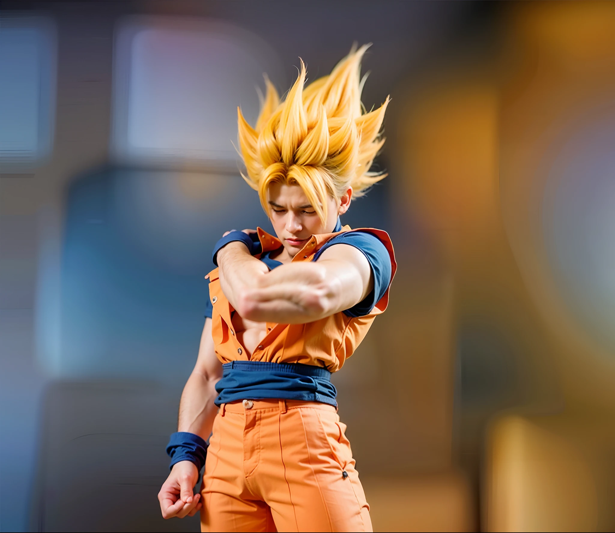 personagem masculino, cabelos loiros, camisa de cima alaranjadada, camisa de dentro azul com mangas, faixa azul na cintura, pulseiras de pano azuis, Orange Pants