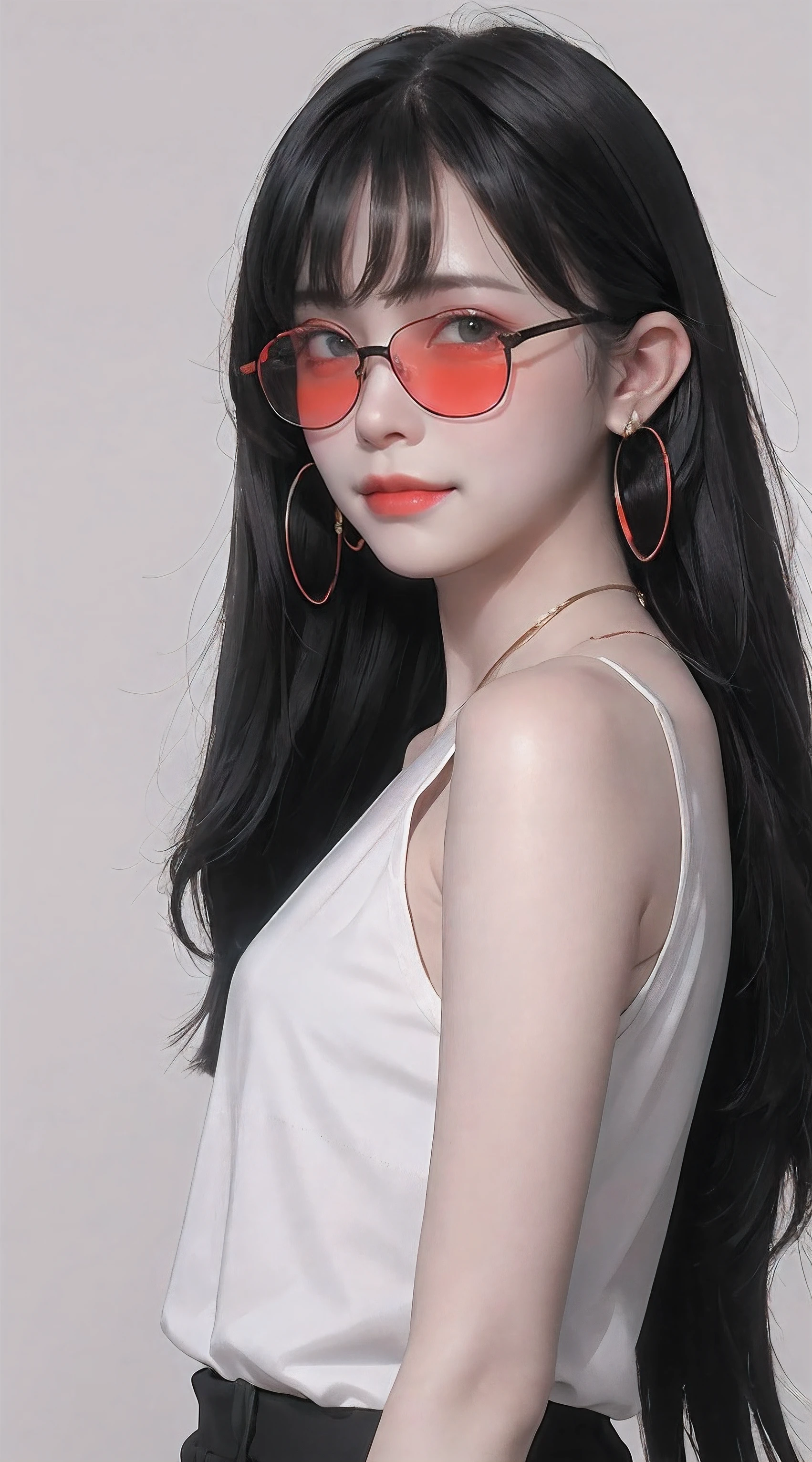 Raw, cinematic shot, (sharp focus:1.5), (photorealistic:1.2), twilight lighting, volumetric lighting, a young girl with green and red lipstick and black hair wearing sunglasses, 1girl, solo, jewelry, long hair, looking at viewer, black hair, red background, mole, necklace, tinted eyewear, simple background, round eyewear, red-tinted eyewear, mole under mouth, sweater, bangs, upper body