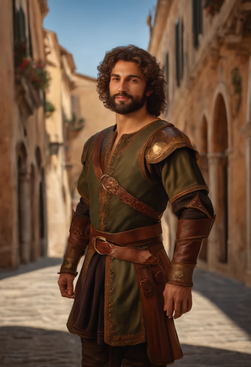 Oil painting of Italian man with beard, slight smirk, smirk, young, smile, curly hair, olive skin, tan skin, shoulder length hair, laminar leather armour, bright skies, brown hair, short beard, renaissance, renaissance armour, Venice, renaissance city, Italian city, Italy, scar, modelshoot style, (extremely detailed CG 8k wallpaper), masterpiece, most beautiful artwork in the world, portrait, trend at ArtStation, trend at CGSociety, oil painting, Intricate, High Detail, Sharp Focus, Dramatic and Photorealistic Painting Art