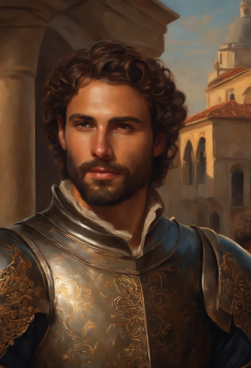 Oil painting of Italian man with beard, slight smirk, smirk, young, smile, curly hair, olive skin, tan skin, shoulder length hair, laminar leather armour, bright skies, brown hair, short beard, renaissance, renaissance armour, Venice, renaissance city, Italian city, Italy, scar, modelshoot style, (extremely detailed CG 8k wallpaper), masterpiece, most beautiful artwork in the world, portrait, trend at ArtStation, trend at CGSociety, oil painting, Intricate, High Detail, Sharp Focus, Dramatic and Photorealistic Painting Art