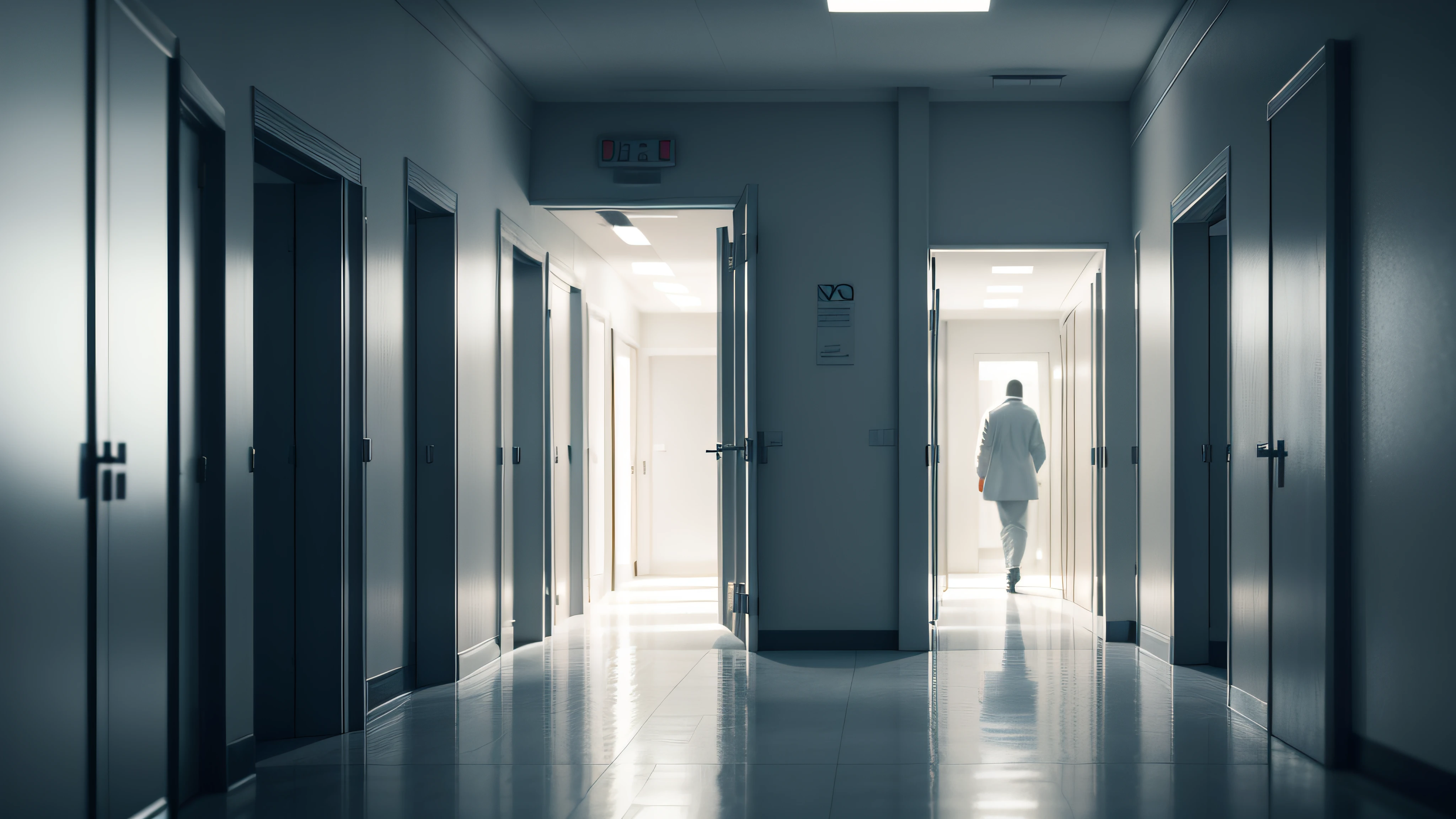Extremely detailed, best quality, internal area of a hospital, hospital corridor, dark, doctor entering a room in the distance, 8k, realistic, night, doctor in white coat, dark environment