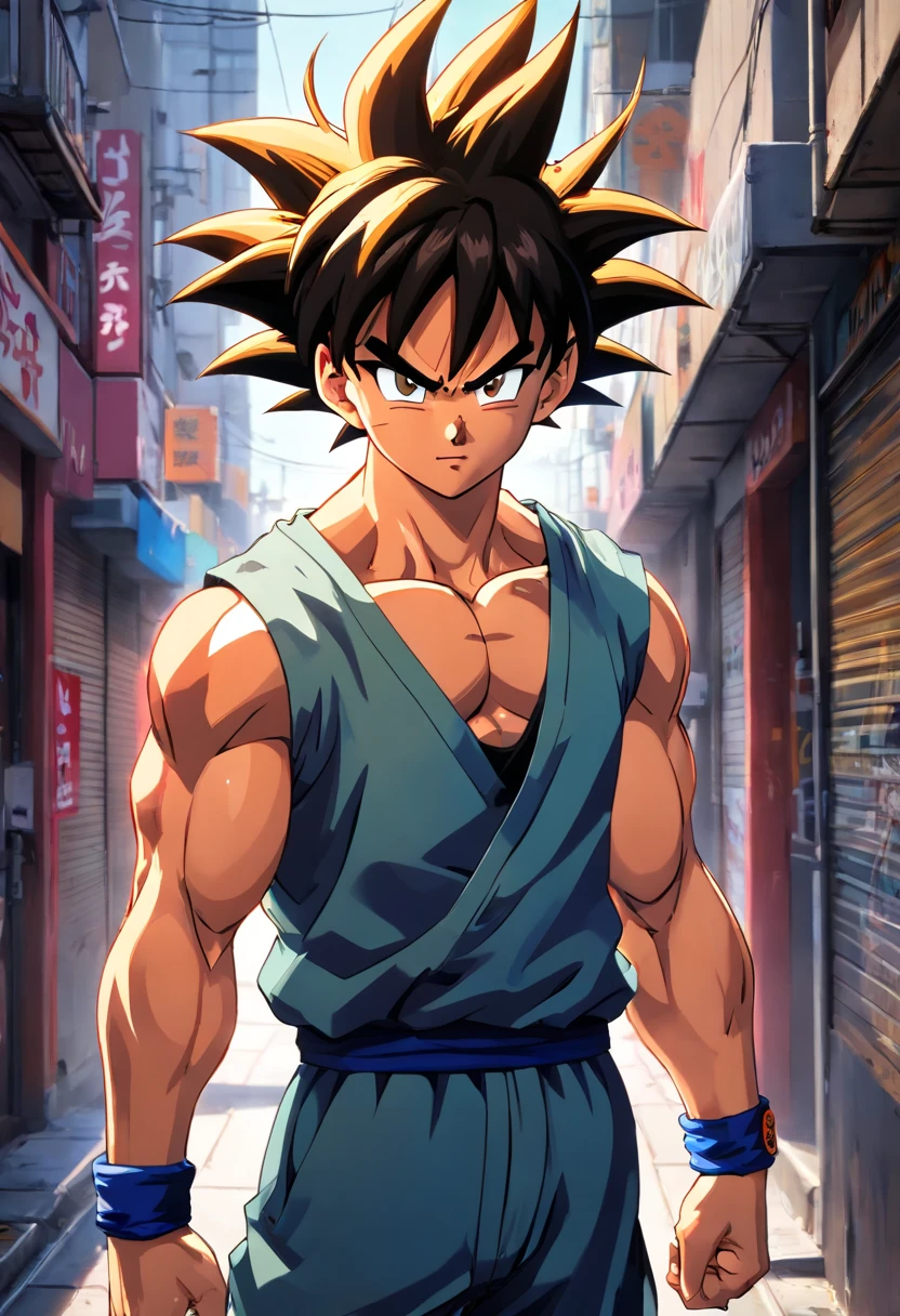 (realista,fotorrealista:1.37),Ultra detallado,Detailed illustration of Goku(detallado,emocional,Expresivo,feature),con atuendos de estilo cyberpunk (a la moda,urbano,Casual),Standing in a narrow alley(oscuro,valiente,urbano),Creado con sombreado y texturas detalladas(detailed lines,Superficies texturizadas),Colores vivos con una mezcla de vibrantes tonos de arte callejero(graffiti,arte pop,Arte urbano),exudando un aura de poder(poderoso,energetic,Dynamic presence). Lighting in the scene should be dramatic and focused, con fuertes contrastes entre luces y sombras (Dramatic lighting,high-contrast lighting). The overall image quality must be of the highest standard (La mejor calidad,4k,8k,altas,Pieza maestra:1.2), capturando cada detalle intrincado de la cara de Goku, peinado, Prendas, and muscular physique(etiquetas adicionales para Goku: cabello puntiagudo, muscle building, confident expression, Ojos decididos). The atmosphere of the alley should reflect an urban and sandy environment., con toques de un horizonte de la ciudad en el fondo.