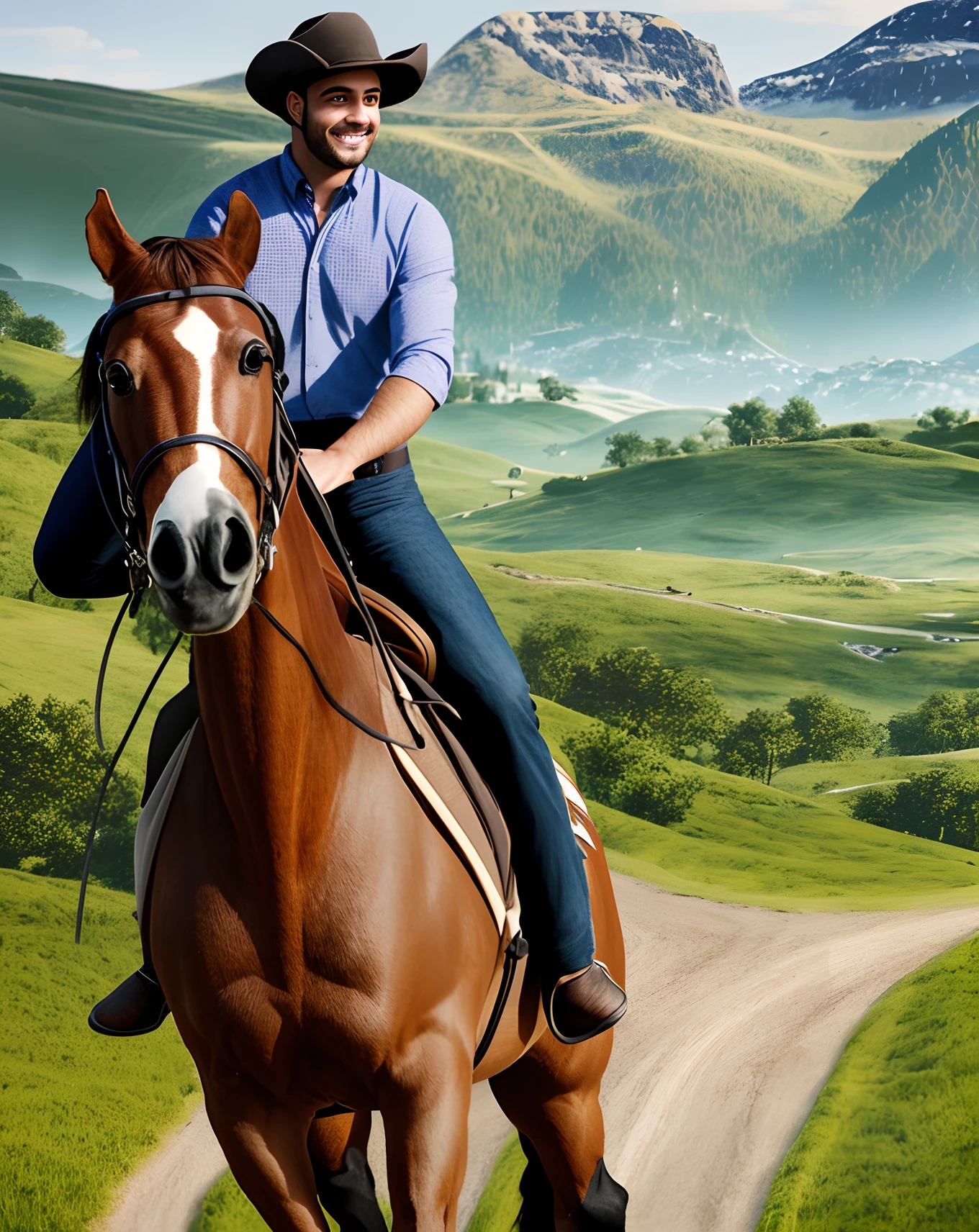 Make an image of a person riding a horse with an ultra-realistic and highly detailed landscape in the background