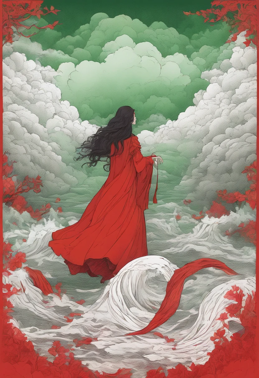 Faceless female cosmic entity with body made of White marble and wearing red dress surrounded by dark mist of green color and Halo of red light clock in the background+Concept Artwork Hugo Pratt+ MC Escher style fusion,Anime 80s aesthetic ,Ink drawing, tumblr, Terror80s,conceptual art, 4K digital art, Lovecraft,dramatic ligths, perfeccionist models,Dark tones,melancholic art, Printing under red Bristol paper--air: 4:5