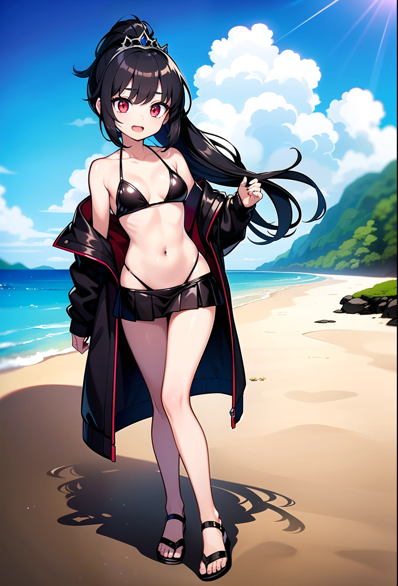 1 girl, light skin, small breasts, black hair, red eyes, long ponytail, emo hairstyle, black Jacket, open clothes, black bikini, black skirt, princess tiara, flip flops, beach, clear sky, high quality, skinny, masterpiece, detailed body, detailed face, detailed eyes, glistering body, shiny body, full body, :),