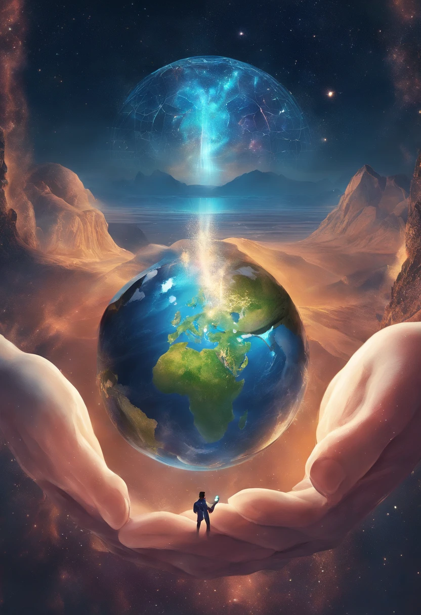 A person holding THE UBER APP MELTING in his hands, segurando um planeta, segurando a terra, segurando uma esfera brilhante de dados, is holding a tiny planet earth, com a terra, holding miniature earth in hands, segurando uma terra em miniatura, creation of the world, Directed by: Ivan Ranger, holding a 🛡 and an 🪓, humanity like cosmic structure,