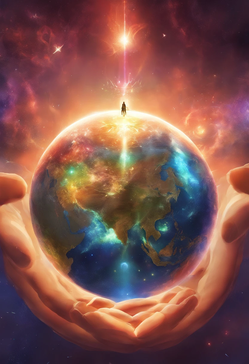 A person holding THE UBER APP MELTING in his hands, segurando um planeta, segurando a terra, segurando uma esfera brilhante de dados, is holding a tiny planet earth, com a terra, holding miniature earth in hands, segurando uma terra em miniatura, creation of the world, Directed by: Ivan Ranger, holding a 🛡 and an 🪓, humanity like cosmic structure,