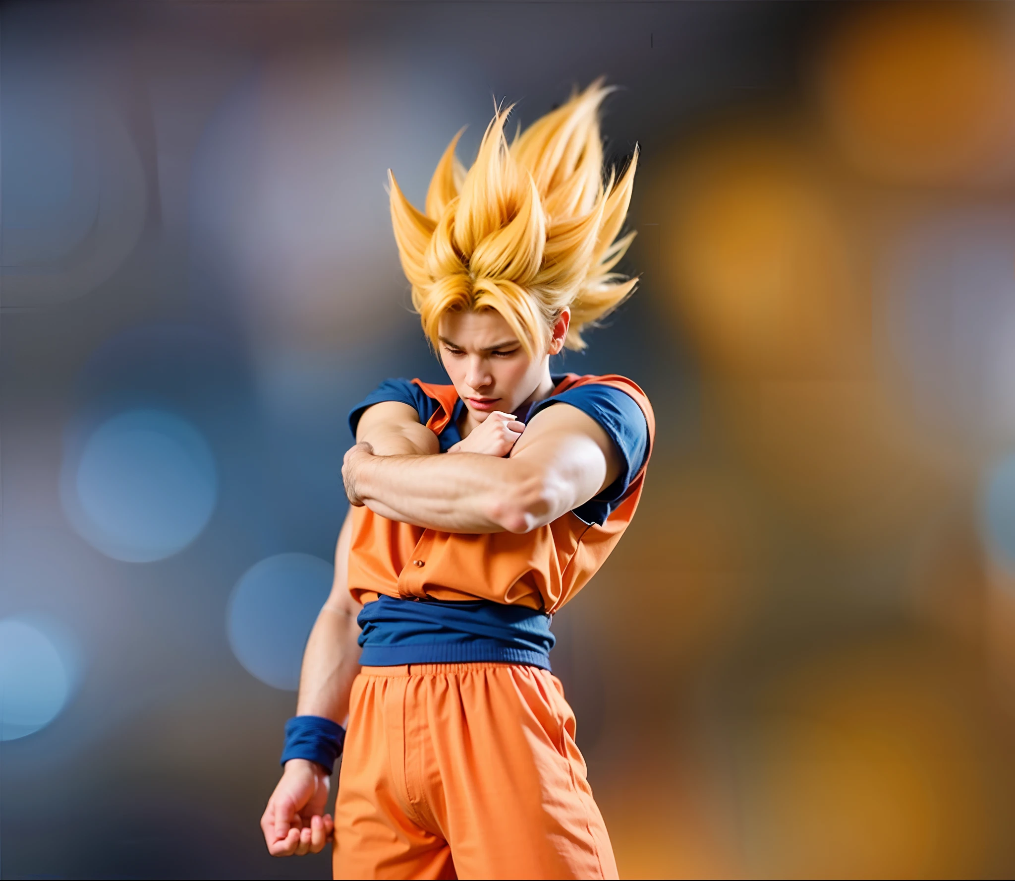 personagem masculino, cabelos loiros, camisa de cima alaranjadada, camisa de dentro azul com mangas, faixa azul na cintura, pulseiras de pano azuis, Orange Pants