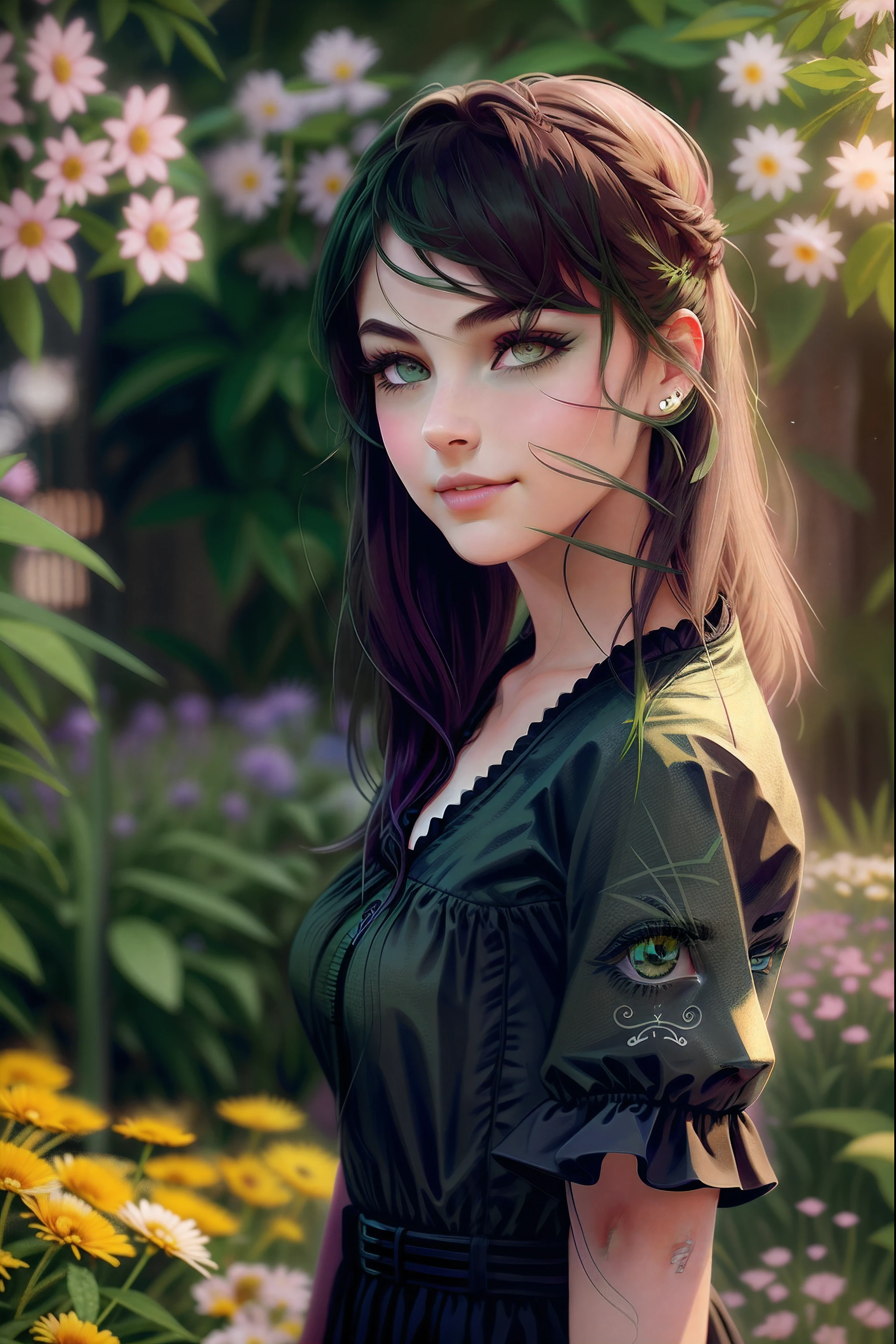best quality, beautiful finely detailed eyes and detailed face, high quality, masterpiece, 1 girl, solo, front view, looking at viewer, flower garden, cowboy shot, short hair, flowing hair, (straightened side of hair: 1.4), (dark green hair: 1.5), eye shadow, expressionless gaze, long eyelashes, (brown mascara: 1.0), (dark green eyes), (smiling face), closed mouth, (small mouth), medium breasts, (small head), (black dress: 1.3), short sleeves, shurg, high neck