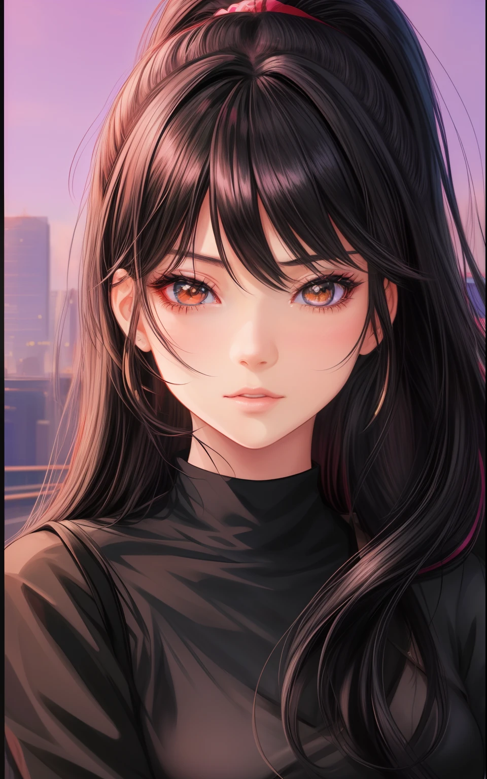 A beautiful girl, 20 years old, with navy blue hair with light purple hues, mullet hairstyle, wine red eyes, wearing a black sweater, detailed facial features, intricate makeup, cinematic lighting, masterpiece, photorealistic, 8k, hyper-detailed, dramatic atmosphere, muted color palette, moody lighting