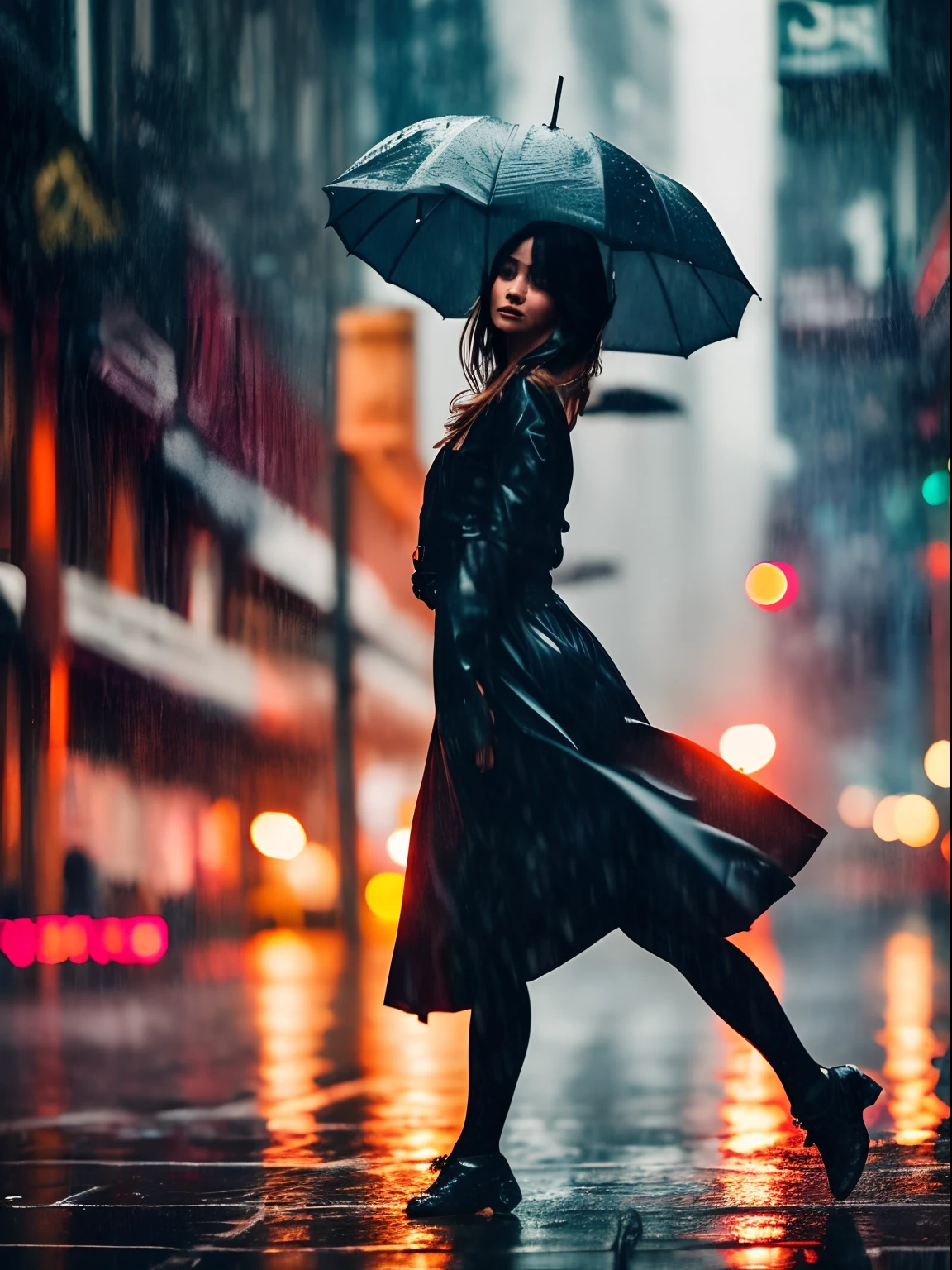 Close Up, Cinematic Still, Girl dancing in the rain, EmotionalCore, Strong Feelings, moody and dark atmosphere, motion blur, movement, moving camera.