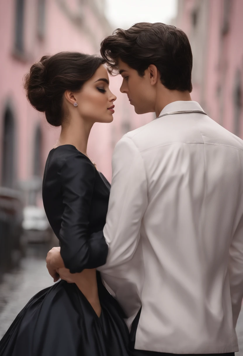 master part, best quality, super detalhado, illustration, belos olhos detalhados, fechar para cima, com um e uma meninacabelo rosa, camisa plissada branca, cracked button on chest, saia. The boy is black-haired, Terno Preto, black pants. Meninos e mese beijandarro, tempo de chuva forte
